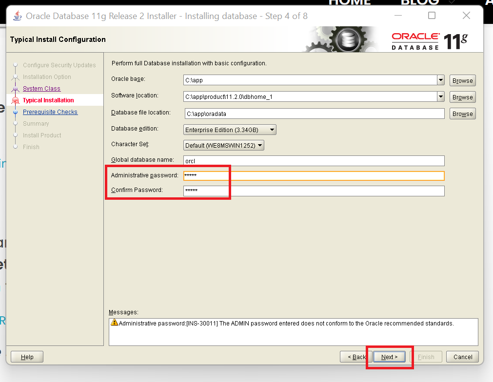 Oracle 11g R2 installation step 4. provide admin password